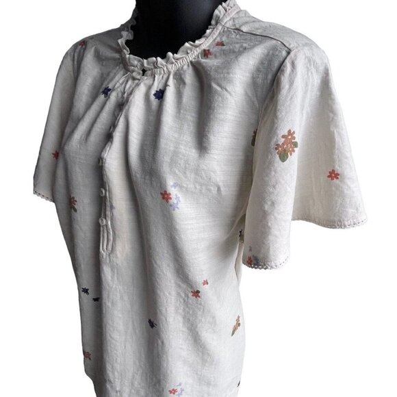 Floral Bell Short Sleeve Trim 1/2 Button Up Ivory Top Ruffle Neck Women’s L - Picture 4 of 10